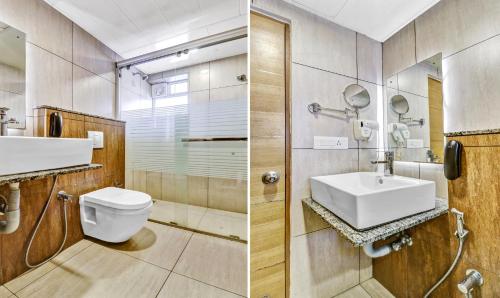 two images of a bathroom with a sink and a toilet at Medora Hotel by Rak Rooms in Kozhikode