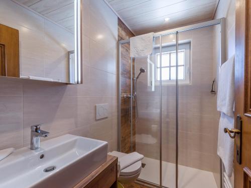 e bagno con servizi igienici, lavandino e doccia. di Appartementhaus Mühlberger a Ellmau