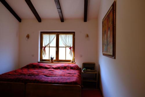 a bedroom with a red bed and a window at Podrum Miljević in Ledinci