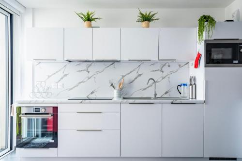 une cuisine blanche avec des armoires et des appareils blancs dans l'établissement L'Académie - Terrasse avec vue - Parking, à Strasbourg
