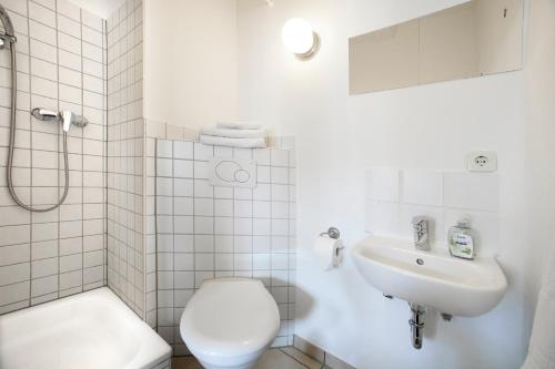 a white bathroom with a toilet and a sink at Quellenhof - Wohnen im Denkmal - Wohnung "QUELLE" in Blankenheim