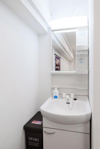 a white bathroom with a sink and a mirror at High Five Guest House in Tokyo