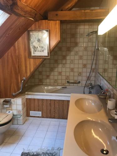 uma casa de banho com um lavatório e uma banheira em la ferme des ruelles em Moigny