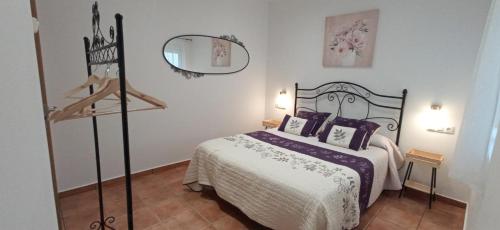 1 dormitorio con cama y espejo en Casa Rural Miralmonte, en San Leonardo de Yagüe