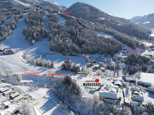 an aerial view of a ski resort in the snow at Jugendhotel Markushof - Youth Hostel in Wagrain