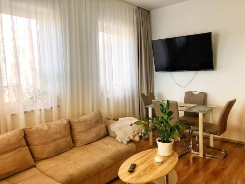 ティサフュレドにあるBoró Apartmanのリビングルーム(ソファ、テーブル付)