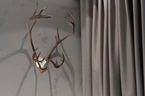 a deer antlers hanging on a wall next to a curtain at Lapland Hotels Arena in Tampere