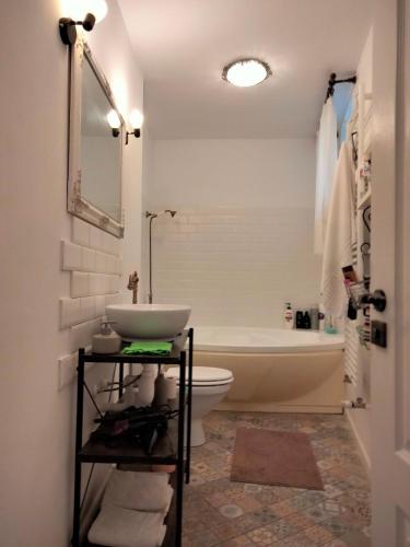 a bathroom with a sink and a toilet and a tub at Casa Scheiana in Braşov