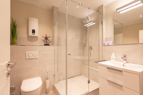 a bathroom with a shower and a toilet and a sink at Lichtblick im Haus Cäcilia in Wenningstedt