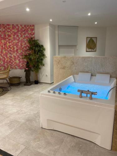 a tub in a room with a person in the background at Studio cosy avec balnéothérapie in Saint-Étienne