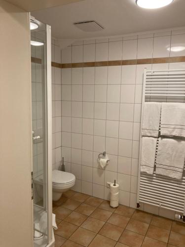 ein Bad mit einem WC, einer Dusche und Handtüchern in der Unterkunft FEWO Königsberg Weingut C A Haussmann in Traben-Trarbach