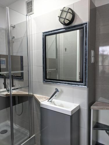 a bathroom with a sink and a mirror at APARTAMENT 16 in Zamość