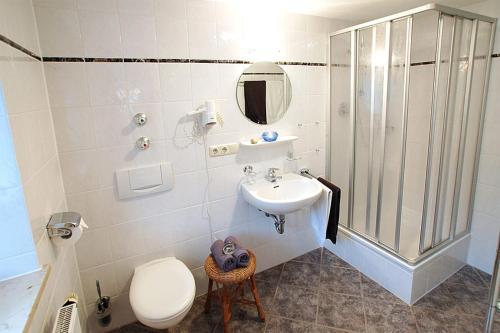 y baño con aseo, lavabo y ducha. en Haus Hirschpoint Ferienwohnungen, en Ramsau