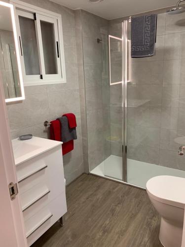 a bathroom with a shower and a sink and a toilet at Appartement Albimar in Albir
