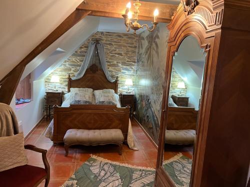 a bedroom with a bed and a large mirror at Le Clos Saint Fiacre in Carentoir