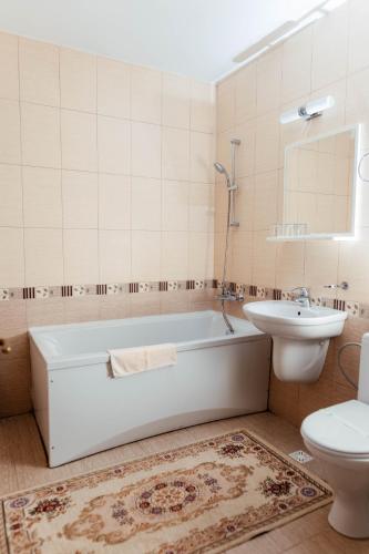 a bathroom with a tub and a sink and a toilet at Casa Marta in Sâmbăta de Sus