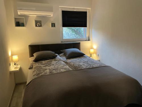 ein Schlafzimmer mit einem Bett mit zwei Kissen und einem Fenster in der Unterkunft Gästehaus Klostergasse in Lorch am Rhein
