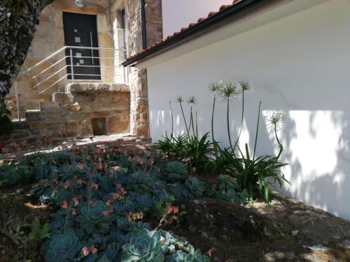 a garden with flowers and plants in front of a building at Quinta dos Carvalhais - Serra da Estrela in Fornos de Algodres