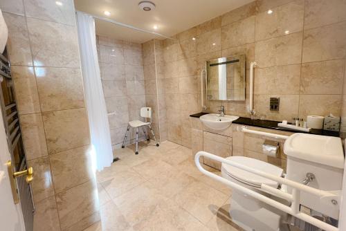 a bathroom with a toilet and a sink and a mirror at Castle Bromwich Hall; Sure Hotel Collection by Best Western in Birmingham