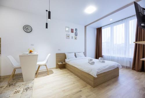 a bedroom with a bed and a large window at Nyvky Like Home - Studio - apt 40 apt 46 in Kyiv