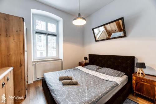 a bedroom with a bed and a mirror on the wall at Apartament w centrum Karpacza, MyWeek in Karpacz