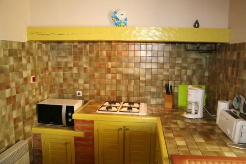 a kitchen with a stove and a microwave on a counter at Villa charmante à Montfaucon avec piscine privée in Montfaucon