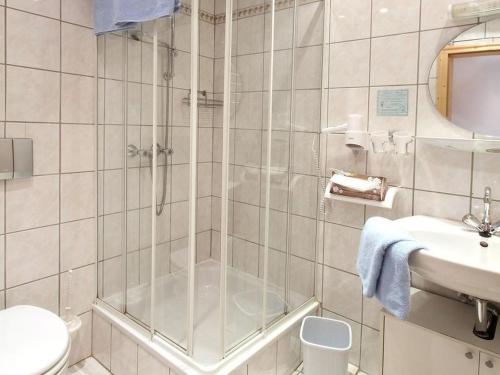 y baño con ducha, aseo y lavamanos. en Gasthof "Zum Burghof", en Medebach