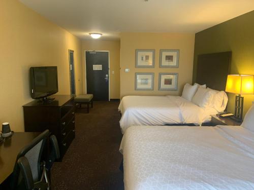 a hotel room with two beds and a flat screen tv at Holiday Inn Express Hotel & Suites Lansing-Dimondale by IHG in Dimondale