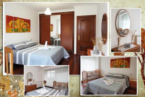 un collage de fotos de una habitación con 2 camas y un espejo en O FOGAR DE LENI, en Pontevedra