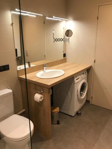 uma casa de banho com um lavatório e uma máquina de lavar roupa em Résidence LE BEC DE L AIGLE - N°15 em Laveissière