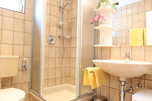 ein Bad mit einer Dusche und einem Waschbecken in der Unterkunft Appartements Kronig in Pörtschach am Wörthersee