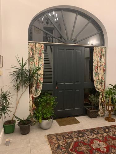 an arched entryway with plants and a black door at Windyridge in Aghagallon