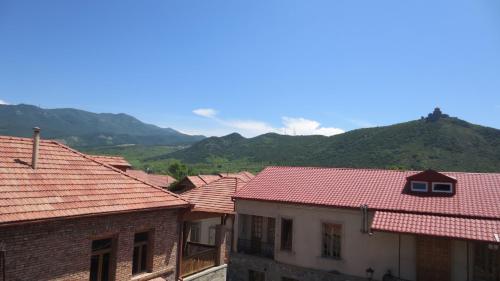 a group of buildings with mountains in the background at Guesthouse Mtskheta-Kapanadze in Mtskheta