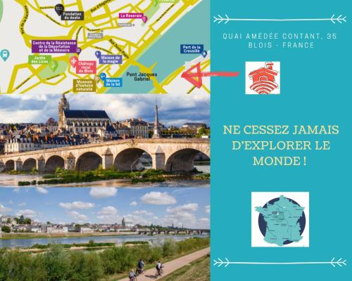 un collage de photos de différentes villes et d'un pont dans l'établissement Duplex 60 m2 bord de Loire, à Blois