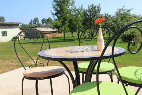 a table with chairs and a vase with a flower on it at Peipsi Lake House in Kallaste
