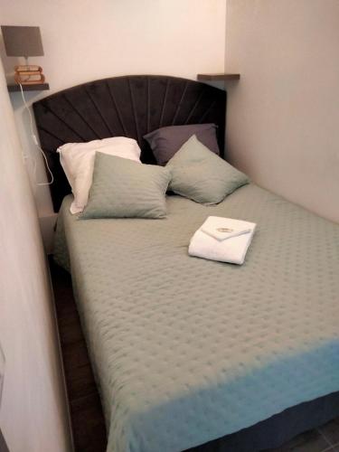 - un lit avec un oreiller et un livre dans l'établissement 10mm a pied des plages, appartement olympe climatisé, à Antibes