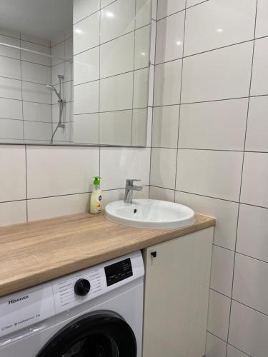 a bathroom with a washing machine and a sink at 0134 Новые смарт апартаменты ЖК «Сады Вишневые» in Vyshneve