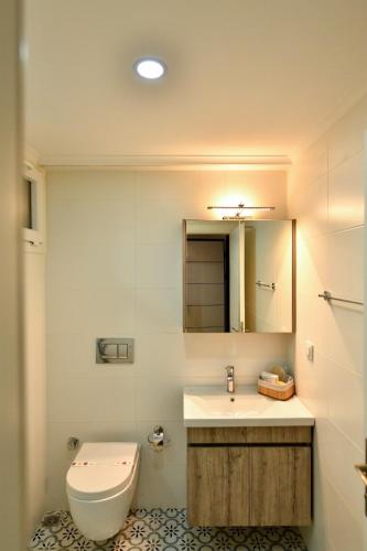 a bathroom with a toilet and a sink and a mirror at Çetkin Exclusive Apart in Fethiye