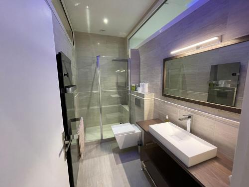 La salle de bains est pourvue de toilettes, d'un lavabo et d'une douche. dans l'établissement Gallo Superior, à Nice