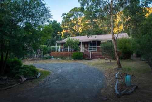 a house with a gravel driveway in front of it at Ellimata Holiday Cottage in Halls Gap
