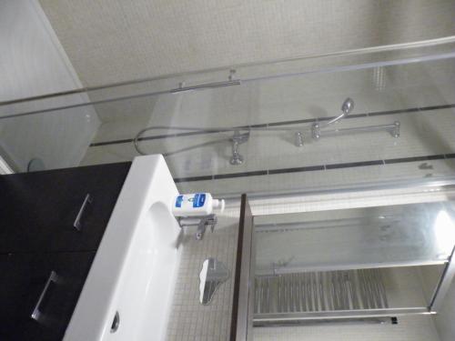 bagno con doccia in vetro e lavandino di APPARTEMENT F3 -PLAISIR MOINS CHER - Jusqu'a 8Personnes a Le Mée-sur-Seine