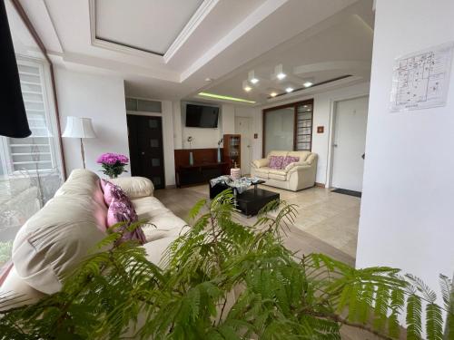 a living room with a couch and some plants at Hotel Shalom in Riobamba