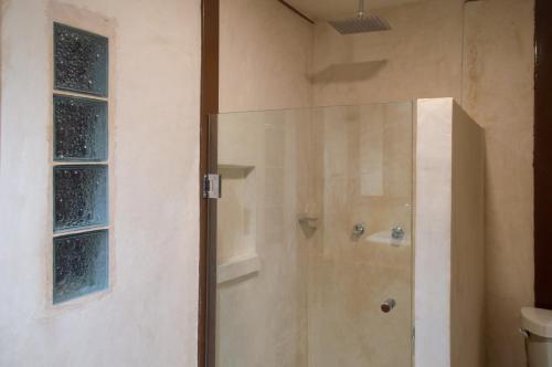 a shower with a glass door in a bathroom at Xtambaa Cabins & Spa Only Adults in El Cuyo