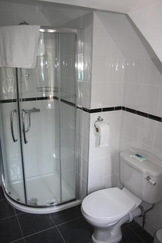 a white bathroom with a shower and a toilet at East Cliff Cottage Hotel in Bournemouth