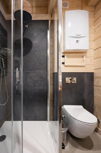 a small bathroom with a shower and a toilet at Osada Chłabówka Zakopane & SPA in Zakopane