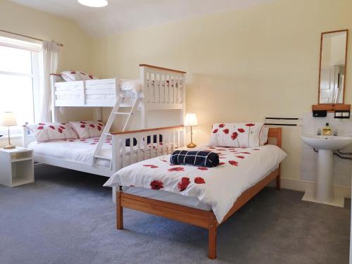 1 dormitorio con 2 literas y lavamanos en BRYN GORS-3 BED-FIRST FLOOR APT- YARDS FROM BEACH, en Trearddur