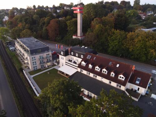an aerial view of a building with a tower at BeachSide in Eckernförde