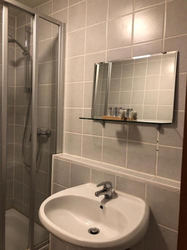 ein Bad mit einem Waschbecken, einer Dusche und einem Spiegel in der Unterkunft Hotel im Brühler Hof in Brühl