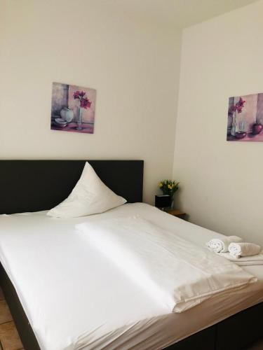 a large white bed in a bedroom with two pictures on the wall at Hotel im Brühler Hof in Brühl