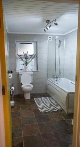 a bathroom with a toilet and a tub and a sink at Drumaneir Cottage in Carrickmore